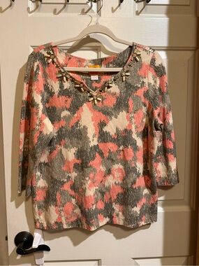 Ruby Rd. Coral & Olive Beaded-Neck Long Sleeve Tee